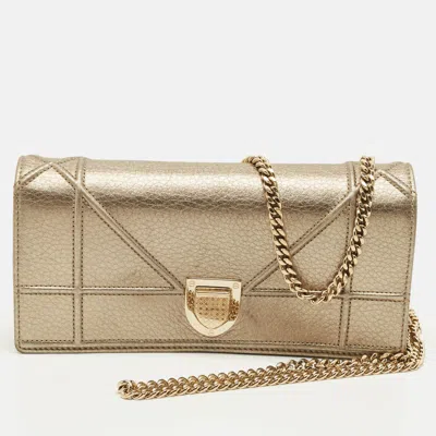 Pre-owned Dior Ama Gold Leather Wallet On Chain