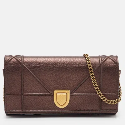 Pre-owned Dior Ama Metallic Brown Cannage Leather Wallet On Chain