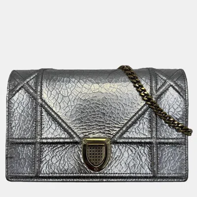 Pre-owned Dior Ama Metallic Silver Brushed Calfskin Wallet On Chain