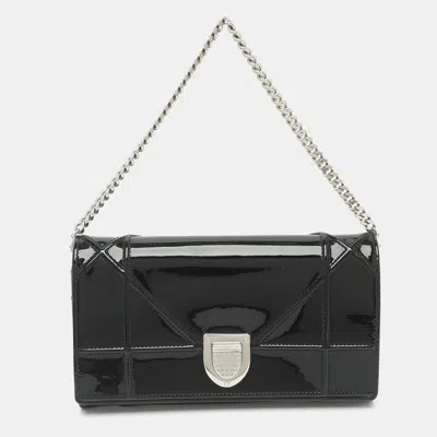 Pre-owned Dior Ama Patent Leather Wallet On Chain In Black
