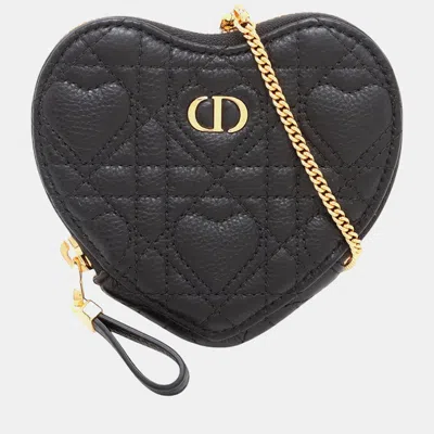 Pre-owned Dior Amour Calfskin Cannage Caro Heart Pouch With Chain In Black
