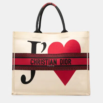 Pre-owned Dior Amour Large Embroidered Canvas Je T Aime Book Tote In White