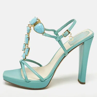 Pre-owned Dior Aqua Blue Piedra Jeweled Leather T-strap Sandals Size 39