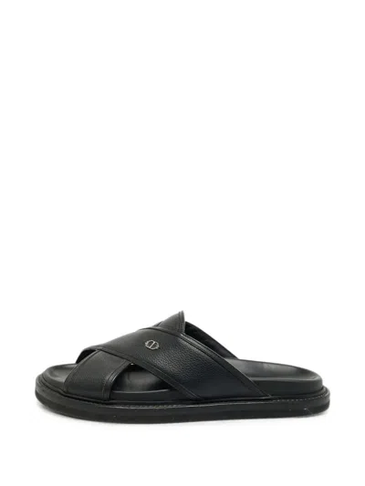 Pre-owned Dior Aqua Criss-cross Leather Flat Sandals In Black