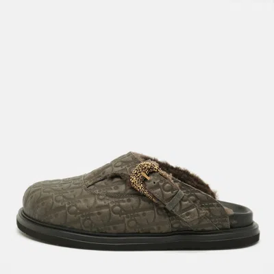 Pre-owned Dior Aqua Size 41 Dark Green Oblique Embossed Leather Mules