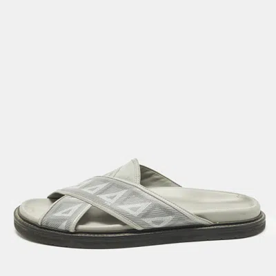 Pre-owned Dior Aqua Size 46 Grey Canvas And Leather Cd Diamond Flat Slide In Gray