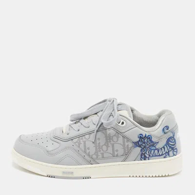 Pre-owned Dior B27 Size 43 Grey Perforated Oblique Leather Lace Up Sneakers In Gray