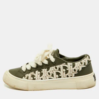Pre-owned Dior B33 Size 45 Khaki Green Leather Oblique Raised Embroidery Low Top Sneakers