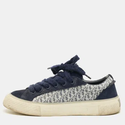 Pre-owned Dior B33 Size 45 Oblique White/navy Blue Canvas And Suede Lace Up Sneakers