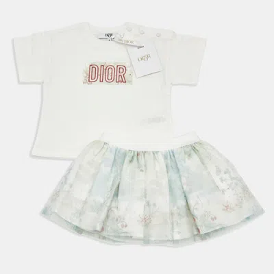 Pre-owned Dior Baby  White Cotton Knit Floral Print Logo T-shirt And Skirt Set 6 M