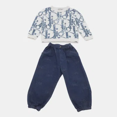 Pre-owned Dior Baby  White/blue  Oblique Pattern Sweater And Pants Set 24m