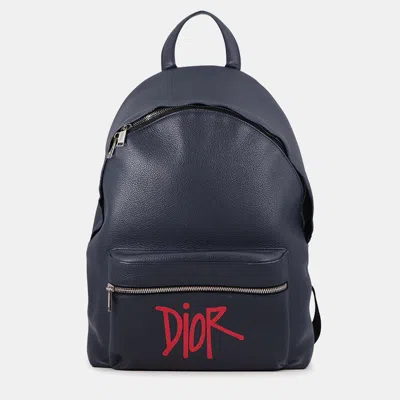 Pre-owned Dior Backpack Stssy Collaboration Navy Leather In Blue