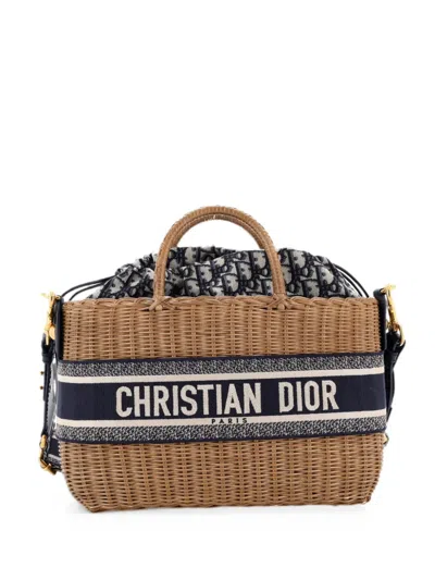 Pre-owned Dior Basket Bag Wicker And Oblique Canvas Large Tote Bag In Neutrals