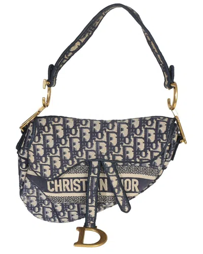 Dior Beige; Blue Canvas Oblique Embroide Medium Saddle Bag (authentic Pre-loved) In Multi