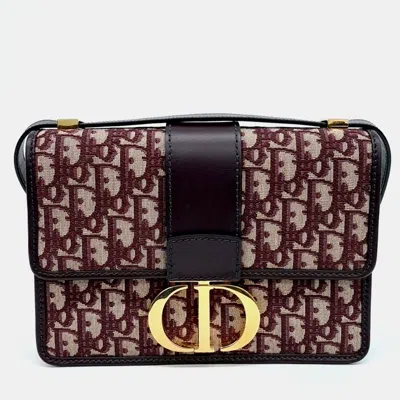 Pre-owned Dior Beige Burgundy Canvas Oblique 30 Montaigne Bag In Sand