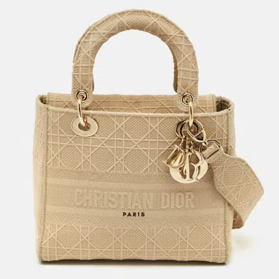 Pre-owned Dior Beige Cannage Embroidered Canvas Medium Lady D-lite Tote In Sand