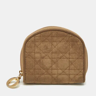 Pre-owned Dior Beige Cannage Fabric Zip Around Coin Purse