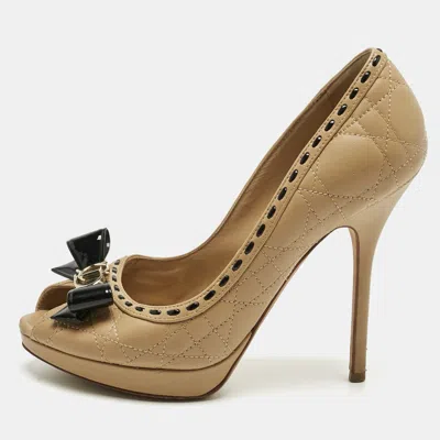 Pre-owned Dior Beige Cannage Leather Bow Peep Toe Pumps Size 36.5 In Sand