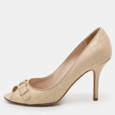 Pre-owned Dior Beige Cannage Leather Embellished Peep Toe Pumps Size 38.5