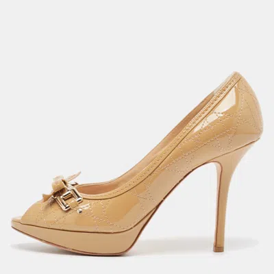Pre-owned Dior Beige Cannage Patent Bow Peep Toe Pumps Size 38.5