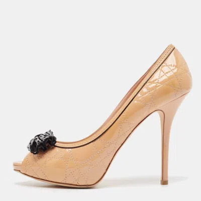 Pre-owned Dior Beige Cannage Patent Leather Bow Peep Toe Pumps Size 41