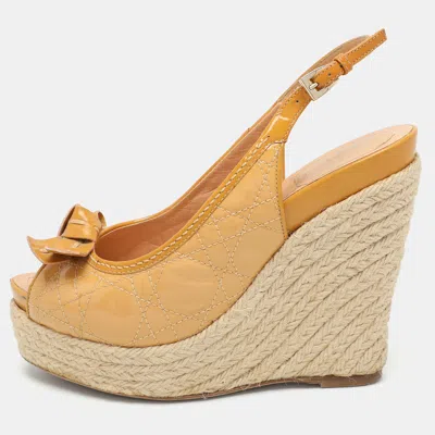 Pre-owned Dior Beige Cannage Patent Leather Bow Wedge Espadrille Platform Sandals Size 37.5
