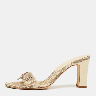 Pre-owned Dior Beige Coated Canvas Flower Embroidered Slide Sandals Size 37