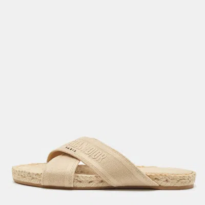 Pre-owned Dior Beige Embroidered Canvas Granville Espadrille Criss Cross Flat Sandals Size 40.5