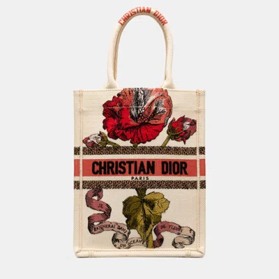 Pre-owned Dior Beige Fleurs Bibliques Embroidery Vertical Book Tote