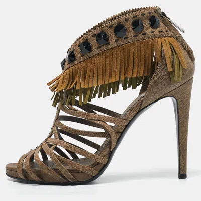 Pre-owned Dior Beige Leather And Suede Fringe Ankle Strap Sandals Size 40