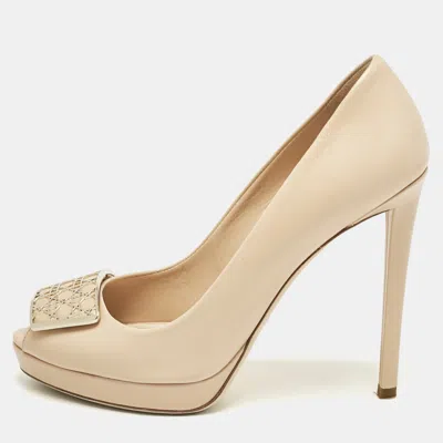 Pre-owned Dior Beige Leather Cannage Plaque Peep Toe Platform Pumps Size 38