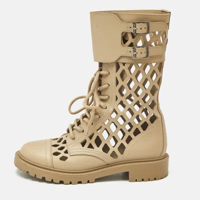 Pre-owned Dior Beige Leather Laser Cut Accents Combat Boots Size 37.5 In Sand