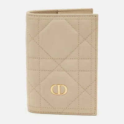 Pre-owned Dior Beige Macrocannage Leather Miss Caro Passport Holder In Sand