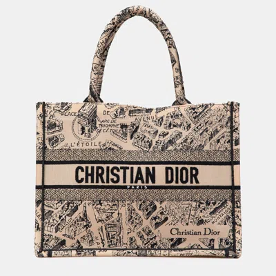 Pre-owned Dior Beige Medium Embroidered Canvas Plan De Paris Book Tote In Sand
