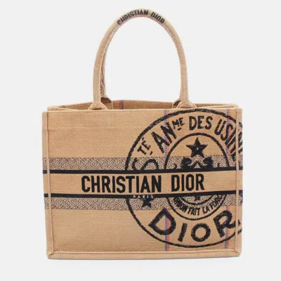Pre-owned Dior Beige Medium Jute Embroidered Book Tote In Sand