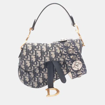 Pre-owned Dior Beige Mini Oblique Canvas Saddle Bag In Sand