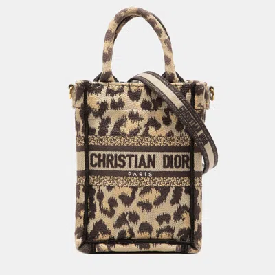 Pre-owned Dior Beige Mizza Mini Embroidered Canvas Leopard Vertical Book Tote In Sand