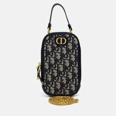 Pre-owned Dior Beige Navy Blue Canvas 30 Montaigne Oblique Phone Holder Crossbody Bag In Sand