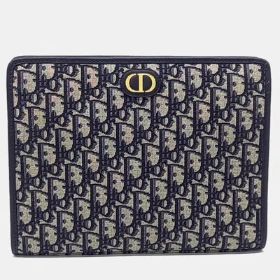 Pre-owned Dior Beige Navy Blue Canvas Oblique 30 Montaigne Pouch In Sand