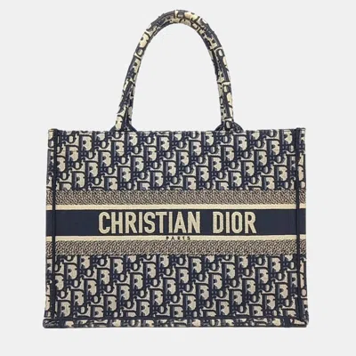 Pre-owned Dior Beige Navy Blue Canvas Oblique Book Tote Bag In Sand
