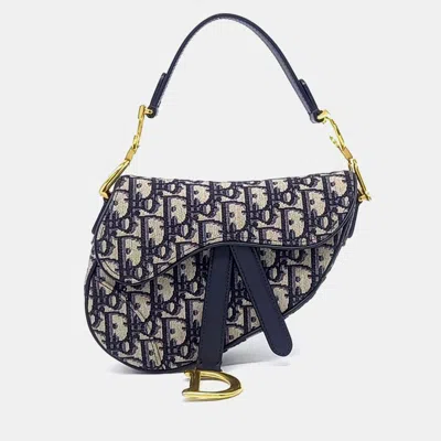 Pre-owned Dior Beige Navy Blue Canvas Oblique Mini Saddle Bag In Sand