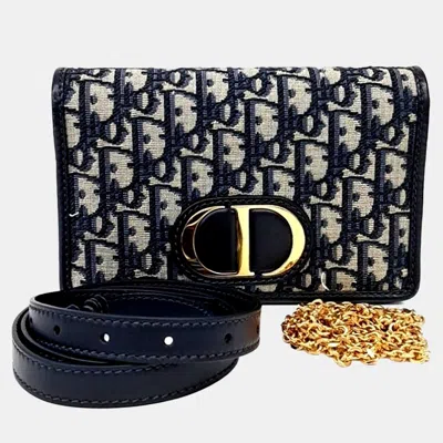 Pre-owned Dior Beige Navy Blue Fabric 30 Montaigne Two-in-one Pouch Bag In Sand