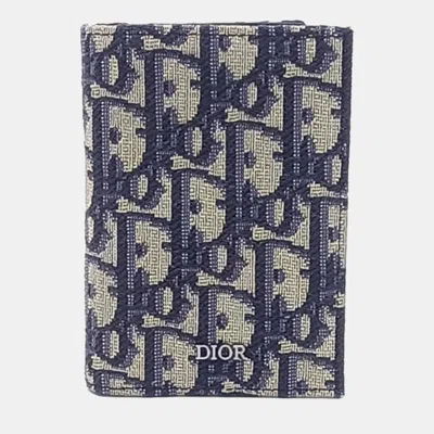 Pre-owned Dior Beige Navy Blue Fabric Homme Oblique Card Wallet In Sand