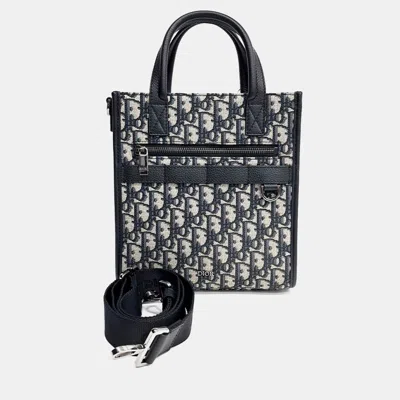 Pre-owned Dior Beige Navy Blue Fabric Homme Oblique Safari North South Tote Bag 1espo311yky