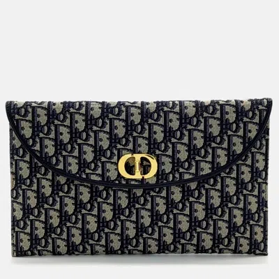 Pre-owned Dior Beige Navy Blue Fabric Oblique 30 Montaign Avenue Flap Pouch Bag
