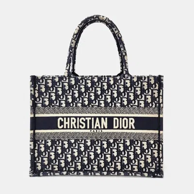 Pre-owned Dior Beige Navy Blue Fabric Oblique Book Tote Bag