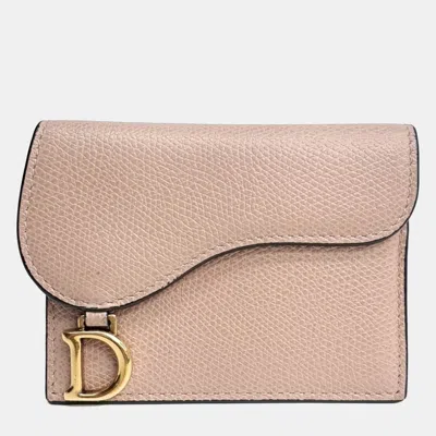 Pre-owned Dior Beige Pink Leather Saddle Card Holder