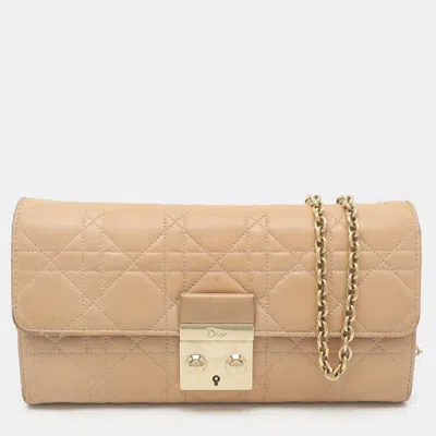 Pre-owned Dior Beige Quilted Leather Wallet On Chain