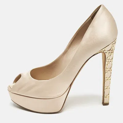 Pre-owned Dior Beige Satin Cannage Heel Peep Toe Platform Pumps Size 38