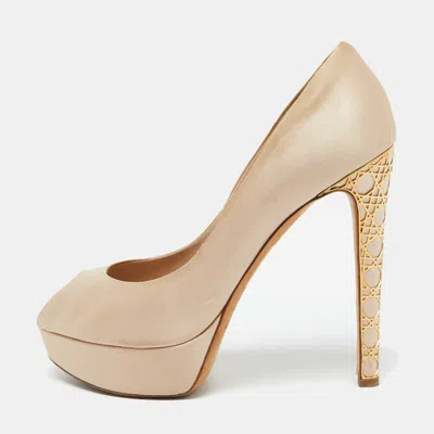 Pre-owned Dior Beige Satin Cannage Heel Peep Toe Platform Pumps Size 41.5
